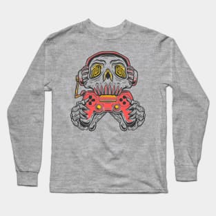 A skull gamer holding a red joystick controller and wearing headphone. Long Sleeve T-Shirt